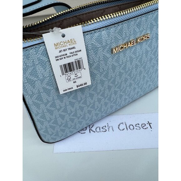 Michael Kors crossbody tech attach small jet set travel MK signature pale ocean - Picture 7 of 8